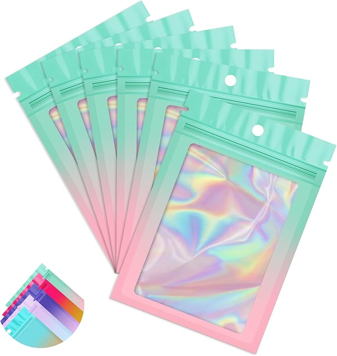 Funfery 100 Pack Gradient Holographic Bags, Mylar Resealable Bags by FUNFERY
