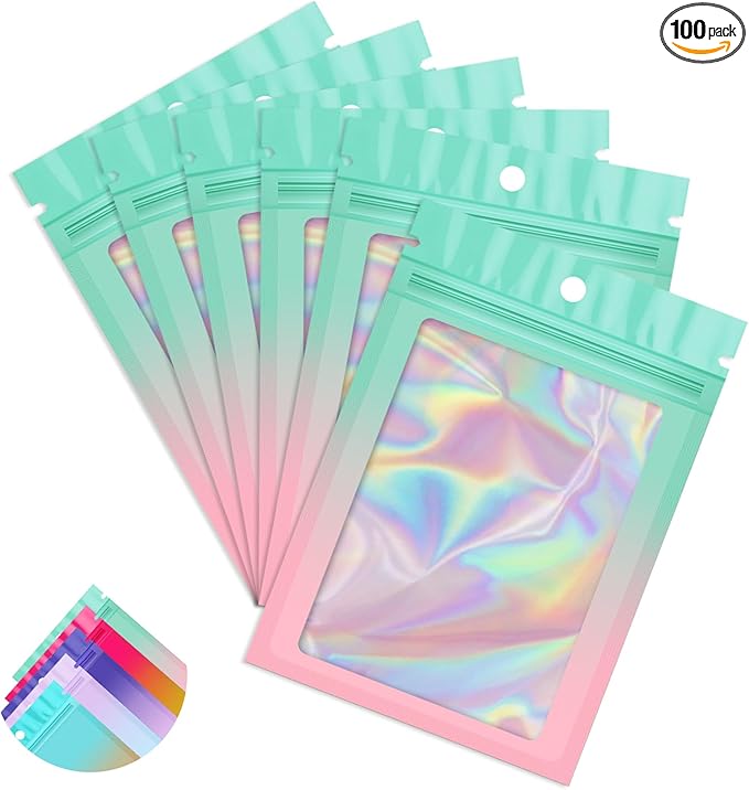 Funfery 100 Pack Gradient Holographic Bags, Mylar Resealable Bags by FUNFERY