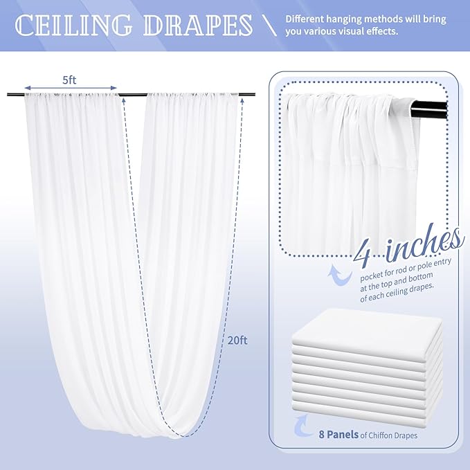 8 Panels White Ceiling Drapes for Wedding 5ftx20ft Chiffon Fabric Arch Draping - Image 2