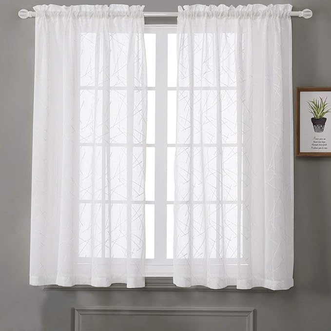 White Sheer Curtains 45 Inch Length, Modern Geometric Embroidery Sheer Rod - Image 7