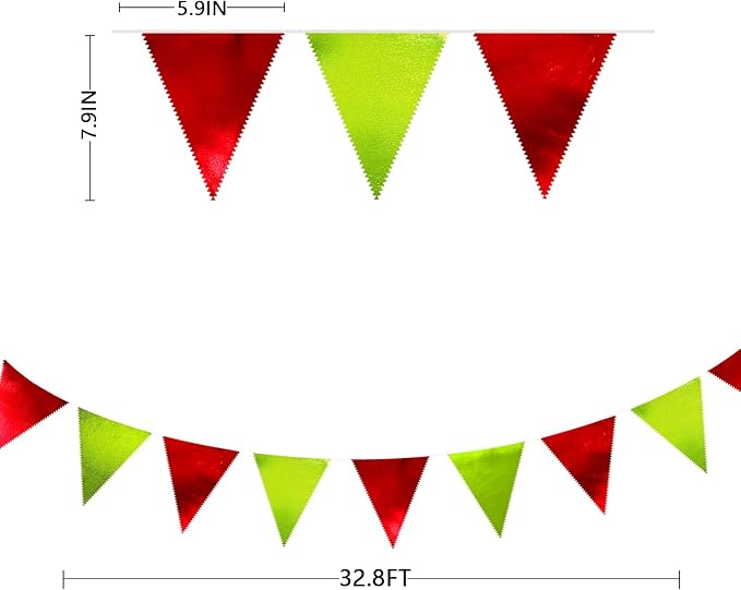 Red and Green Metallic Fabric Triangle Pennant Banner Flag Bunting Garland - Image 2