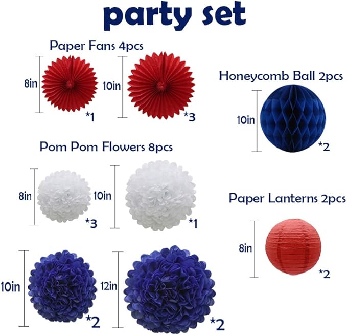 Navy Blue Red White Party Decorations 16pcs Paper Pom Poms Honeycomb Balls - Image 2