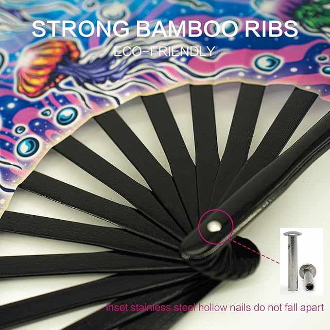 13" Large Rave Fan Bamboo, Folding Clack Hand Fans Foldable - Image 3