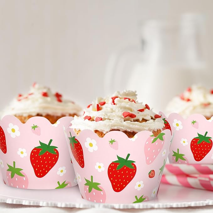 Whaline 36Pcs Strawberry Cupcake Wrappers Red Pink Strawberry Flower Cupcake - Image 7
