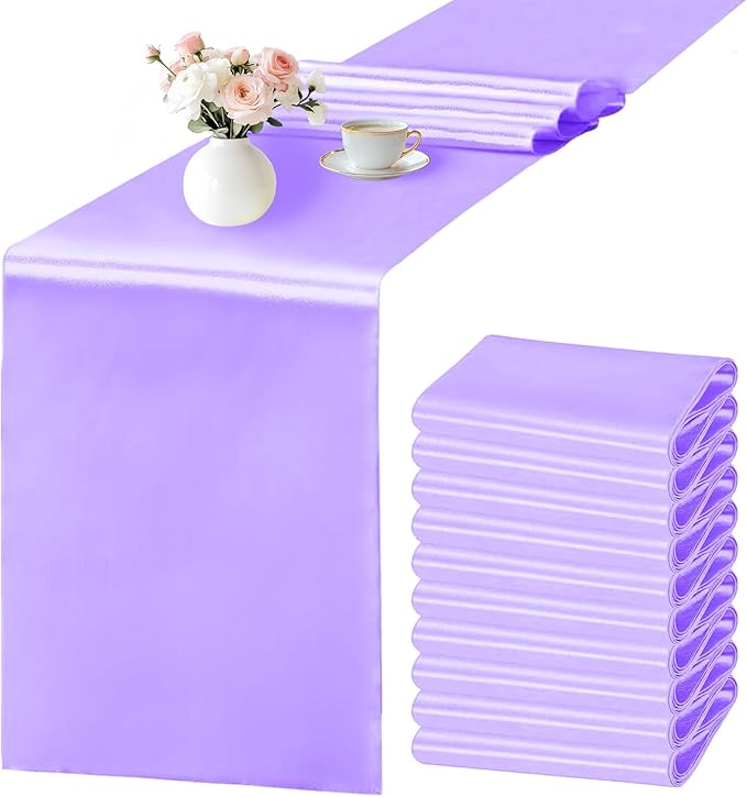 SHEJIZE 10 Pack Lavender Satin Table Runner 12x108 Inches Long, Bright Silky by SHEJIZE