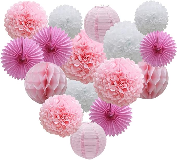 16pcs Pink Party Decorations Paper Pom Poms Honeycomb Balls Lanterns Tissue Fans by ADLKGG