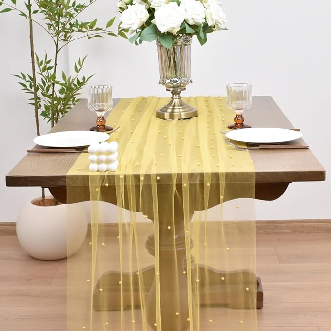 Joanlody Fall Pearl Table Runner 10ft Rustic Boho Tulle Table Runner - Image 2