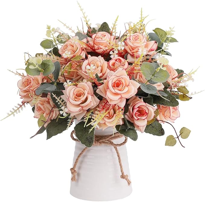 LESING Artificial Rose with Vase, Fake Silk Flowers Bouquets in Vase Table by LESING