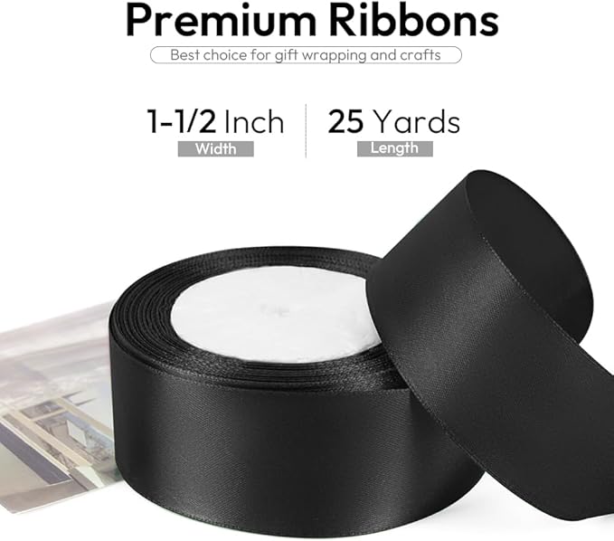 1-1/2 Inch 25 Yards Satin Ribbon Black, Solid Color Fabric Ribbon - Image 2