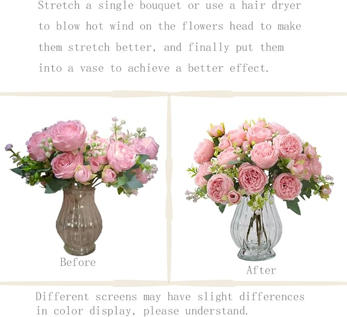 Artificial Peonies Silk Flowers in Glass Vase Faux Flowers Bouquets Modern - Image 7
