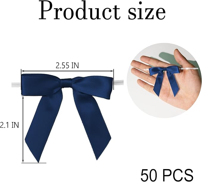 50Pcs Navy Blue Twist Tie Bows for Gift Wrapping 2.5" Satin Ribbon Bow for - Image 2