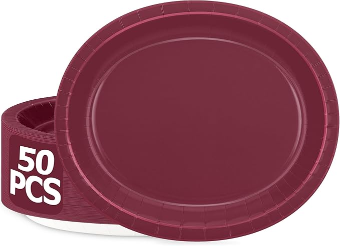 QZYL 50 Count Large Paper Plates, 12.2'' X 10.2'' Oval Wine Red Disposable by QZYL