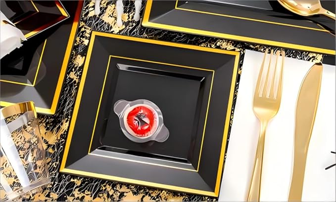 Festiva 350Pcs Black and Gold Plastic Plates-50Guests Disposable Square Black - Image 8