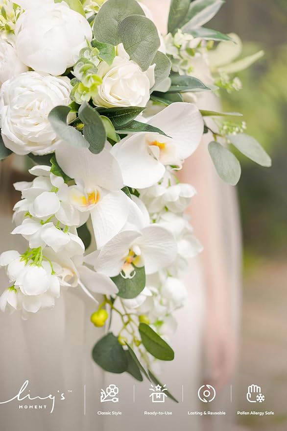 Ling's moment White Bridal Bouquet Cascading, 13 Inch Ivory Bride Bouquets - Image 7