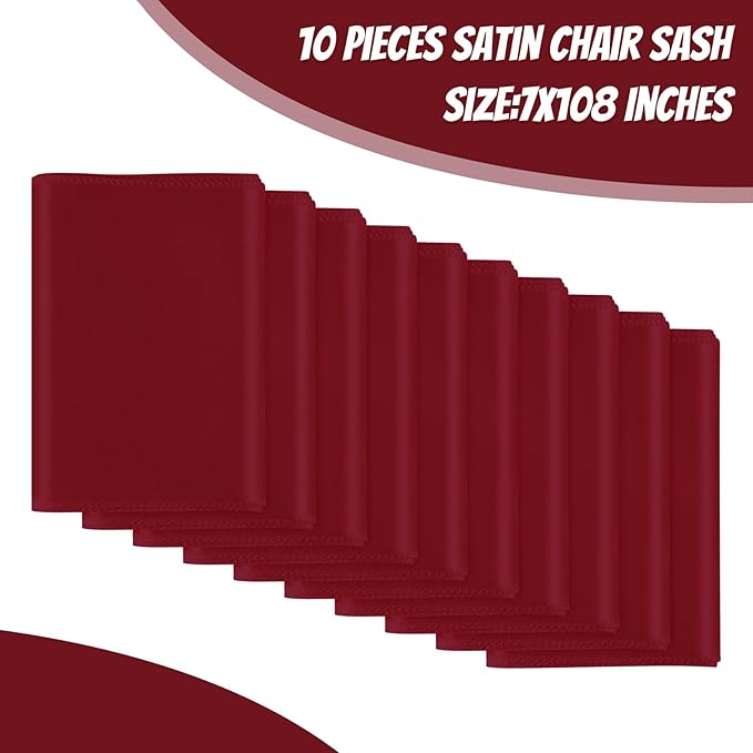 10 PCS Burgundy Satin Chair Sashes Bows Universal Chair Ribbon Ties Back Sash - Image 2