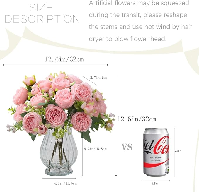 Artificial Peonies Silk Flowers in Glass Vase Faux Flowers Bouquets Modern - Image 3
