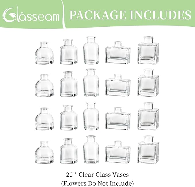 Glasseam Mini Bud Vases for Centerpieces: Clear Small Flower Vase Set of 20 - Image 8