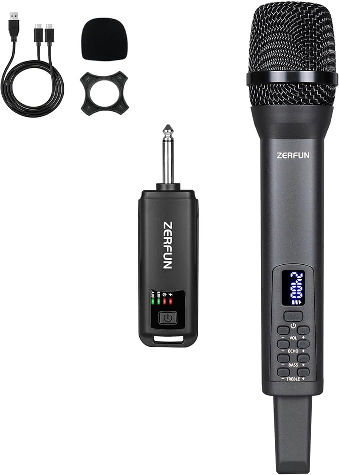 Rechargeable Wireless Microphone, Pro Handheld Cordless Mics System Dynamic by ZERFUN