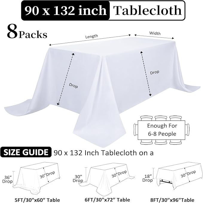 8 Pack White Table Cloth 90 x 132 Inch Rectangular Tablecloths - Image 2