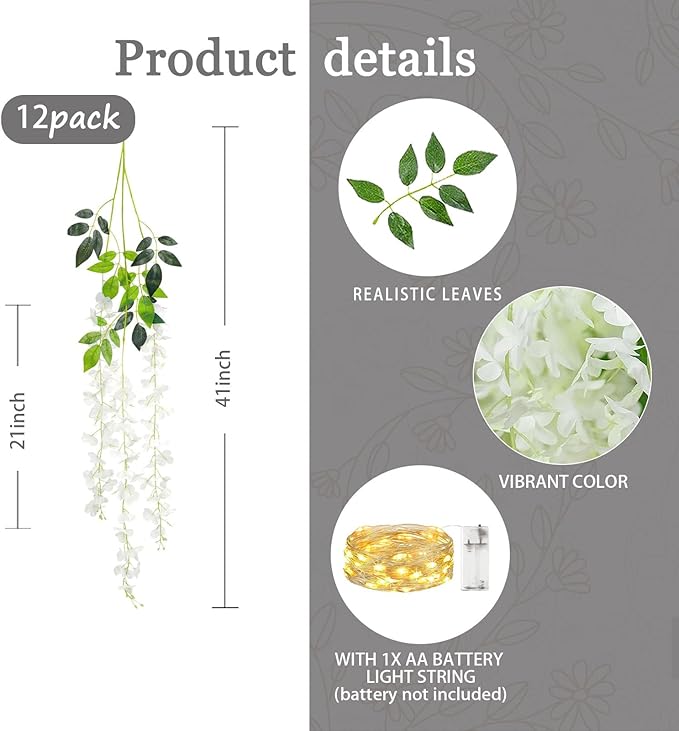 12 Pack White Wisteria Hanging Flowers Garland - Image 2