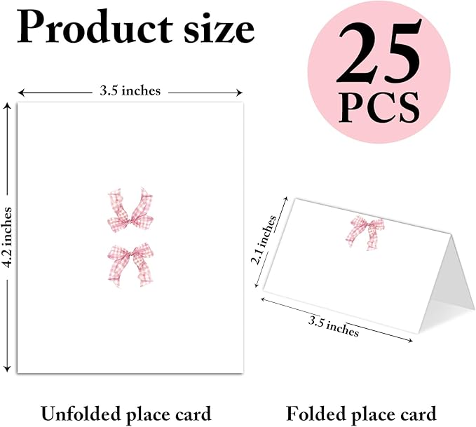 25 Pack Pink Plaid Bow Place Cards, Editable Name Cards - Image 2