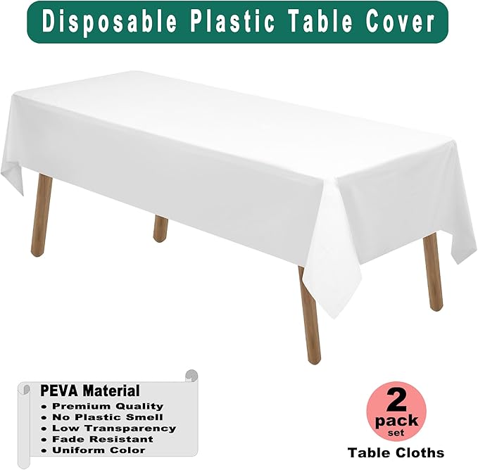 PARTY ULYJA White Plastic Tablecloths 2 Pack Disposable Table Covers 54 x 108 - Image 2