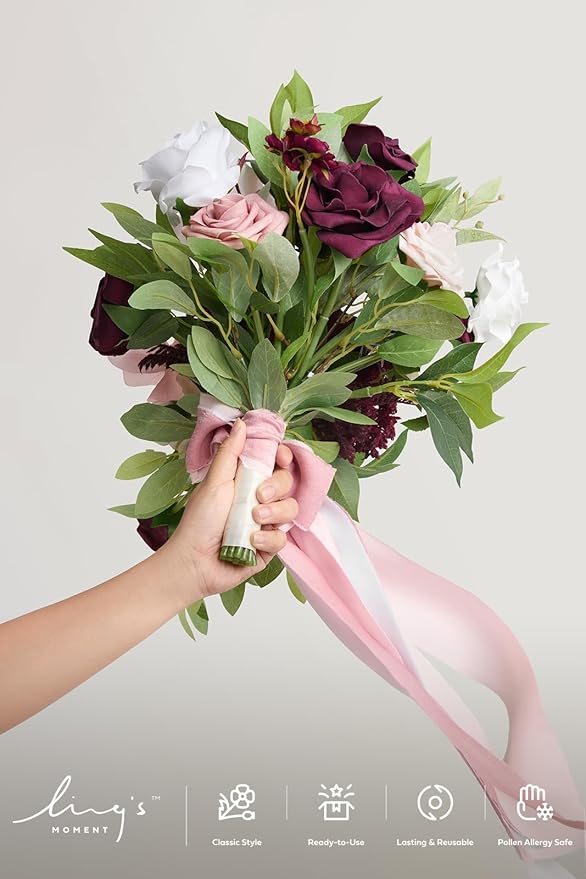 Ling's moment Burgundy Cascading Bridal Bouquet, Marsala Wedding Bouquets - Image 6