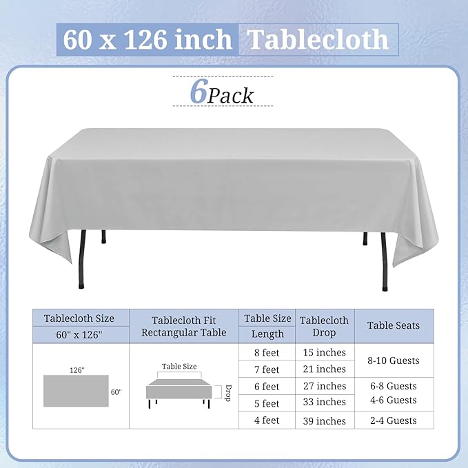 6 Pack Light Grey Rectangular Tablecloths, 60 x 126 Inch, Polyester/Fabric - Image 2