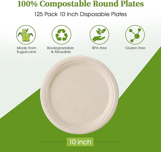 ECOLipak 100% Compostable 10 Inch Paper Plates, 125 Pack Heavy Duty Disposable - Image 2