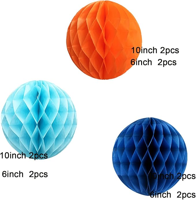Orange Blue Paper Honeycomb Balls, 12 Pack Hanging Tissue Pom Poms - Image 3