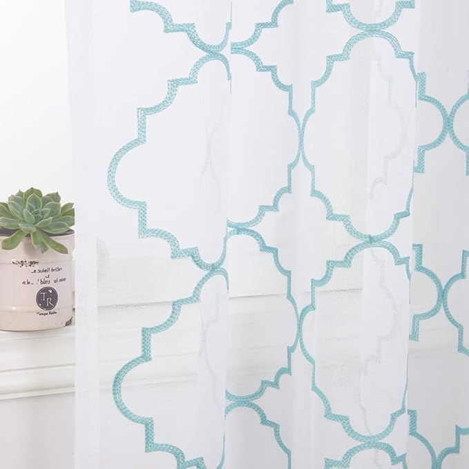 Embroidery Sheer Curtains Blue 63 Inch, Rod Pocket Voile Drapes - Image 4