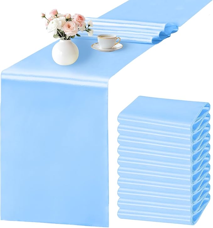 SHEJIZE 10 Pack Light Blue Satin Table Runner 12x108 Inches Long, Bright Silky by SHEJIZE