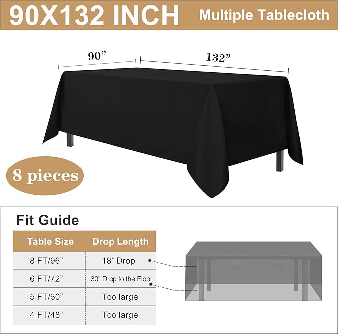 sancua 8 Pack Black Tablecloth 90 x 132 Inch - Image 7