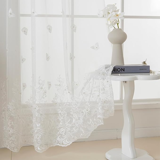 VISIONTEX White Sheer Voile Curtains, Decorative White Embossed Butterflies Rod by VISIONTEX