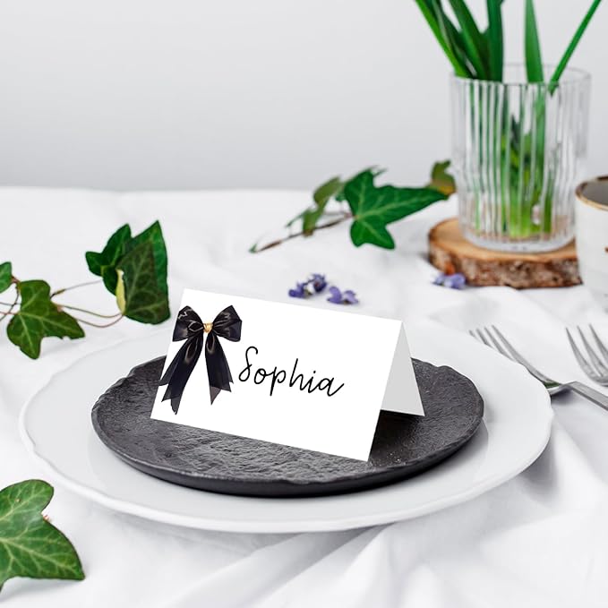 25 Pack Black Bow Place Cards, Editable Name Cards - Image 4