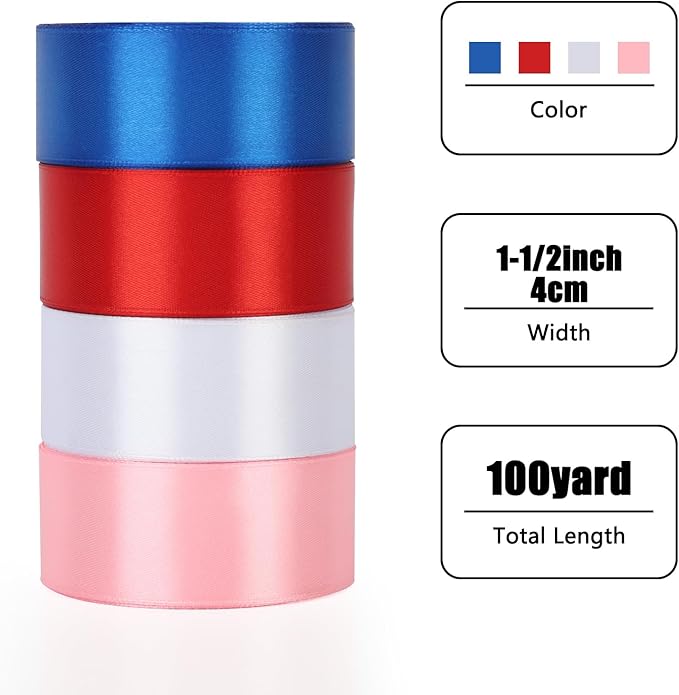 NESCCI 100 Yards Ribbon, 1-1/2 Inch Satin Ribbon, Single Face Satin Ribbons - Image 2