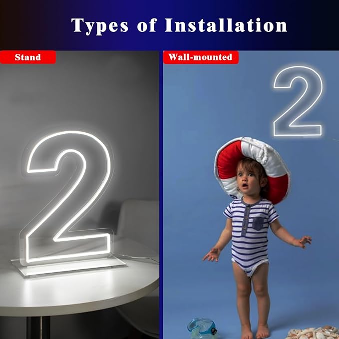 Number 2 Neon Sign for Bedroom, 16.54" Cool White USB Battery Powered Birthday - Image 3