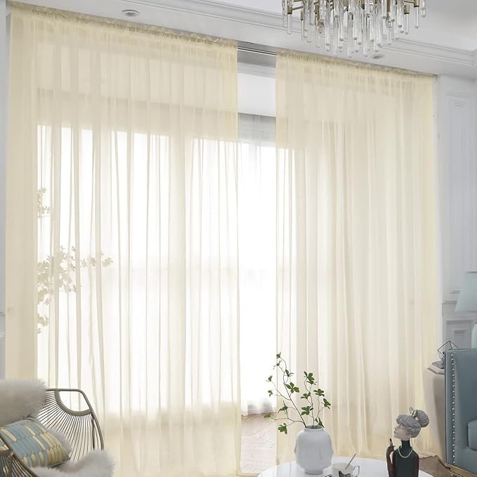 Window Light Yellow Sheer Curtains 84 Inches Long 2 Panels Sheer Curtain Basic by L%26TEC
