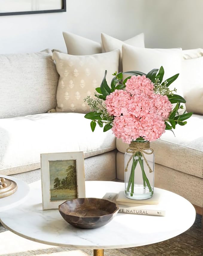 Hollyone Pink Hydrangea Artificial Flowers in Clear Glass Vase - Image 7
