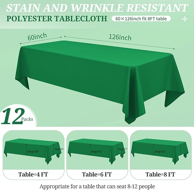 12 Pack Green Tablecloths for Rectangle Tables 60 x 126 Inch Polyester - Image 2