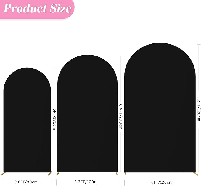 Fomcet Set of 3 Wedding Arch Cover 6FT, 7.2FT Black 2-Sided Round Top Spandex - Image 2