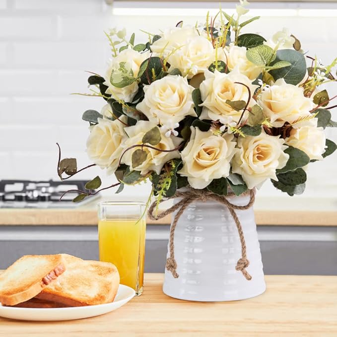 LESING Artificial Rose with Vase, Fake Silk Flowers Bouquets in Vase Table - Image 2