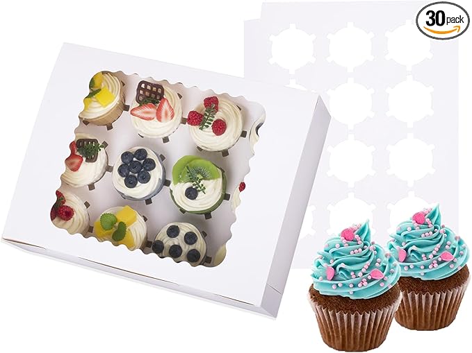 30-Set Cupcake Boxes Hold 12 Standard Cupcakes, Food Grade Cupcake Holders by LONGTEAM