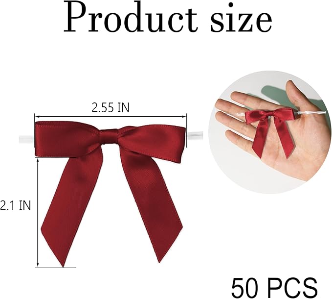 50Pcs Wine Red Twist Tie Bows for Gift Wrapping 2.5" Satin Ribbon Bow for Treat - Image 2