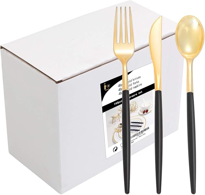 I00000 144 PCS Black Silverware Set, Plastic Silverware by I00000
