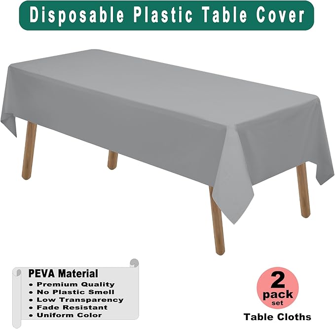 Silver Plastic Tablecloths 2 Pack Dark Gray Disposable Table Covers 54 x 108 - Image 2