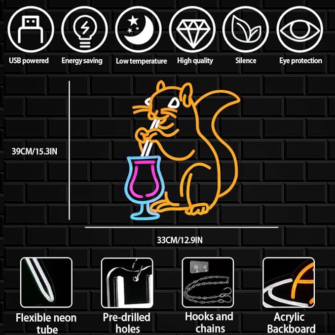 Squirrel Cocktail Neon Sign for Wall Decor, USB Powered Animal Cocktail Bar Led - Image 2