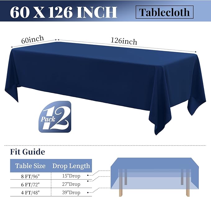 12 Pack Polyester Tablecloth 60 x 126 Inch Navy Blue Tablecloth - Image 2