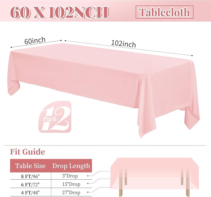12 Pack 60 x 102 Inch Rectangle Tablecloth Pink Polyester Tablecloth - Image 2