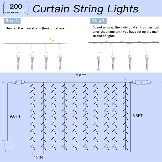200 LED Curtain String Lights 9.8 * 6.6FT Plug in Fairy - Image 6